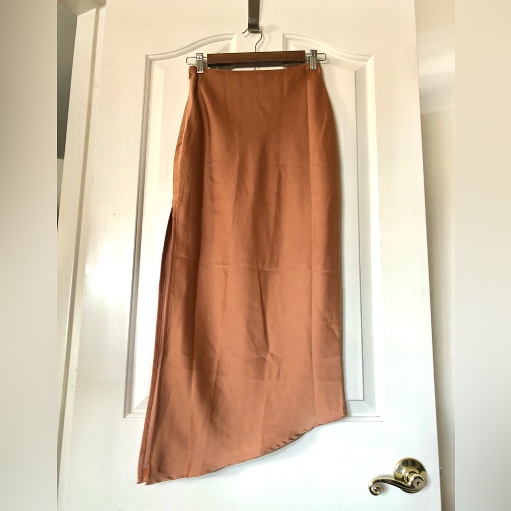 NWOT Lulu's Copper-Brown Satin High-Low Maxi Skirt